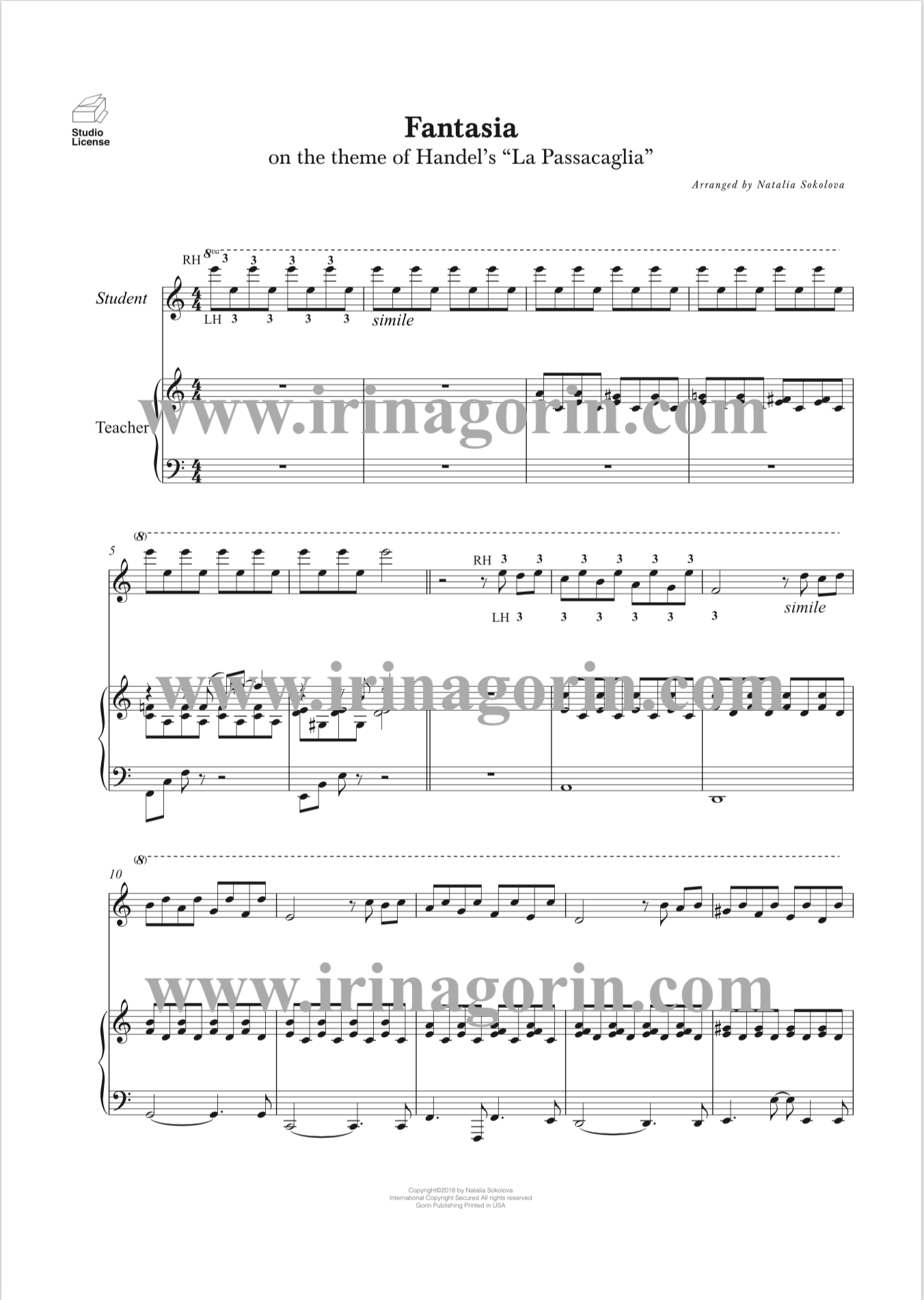 Natalia Sokolova Fantasia on Handel's La Passacaglia Piano Duet Book