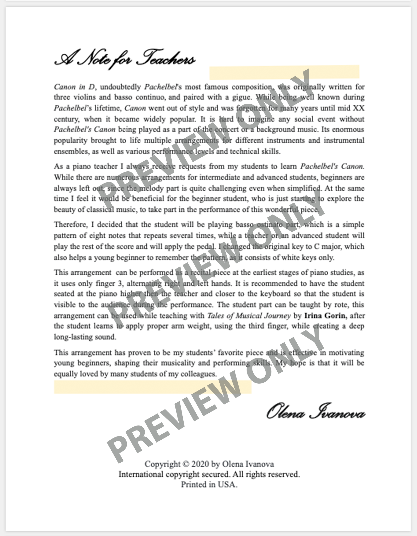 Olena Ivanova Pachelbel's Canon in D (Studio Licensed PDF)